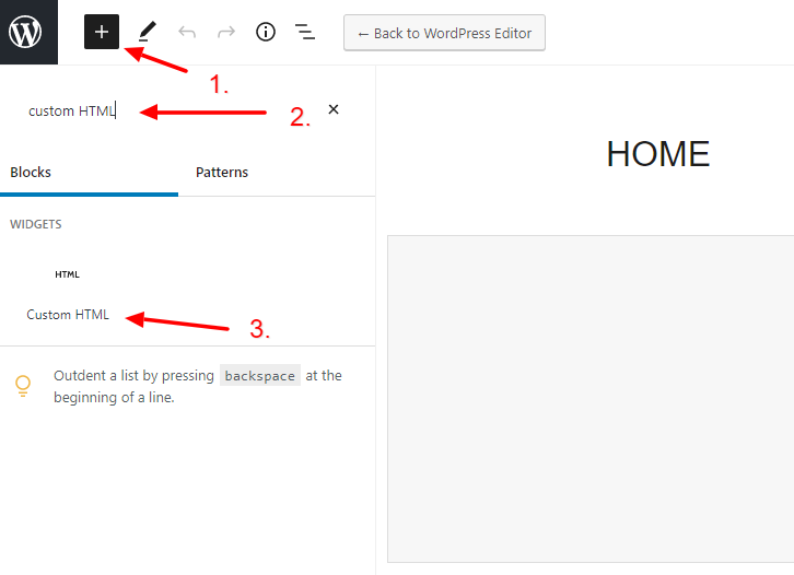 Add the custom HTML WordPress block