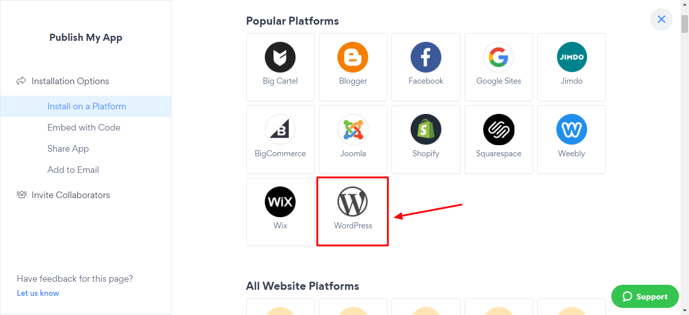 Select the WordPress platform